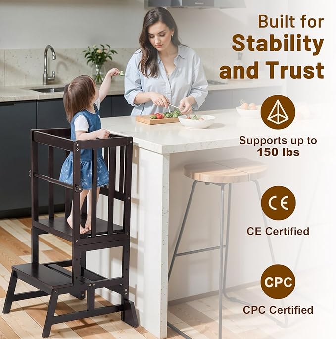 COSYLAND Toddler Standing Tower - Adjustable Height Toddler Kitchen Stool Helper - Kids Kitchen Step Stool for Learning with Removable Safety Railing Black Walnut Color
