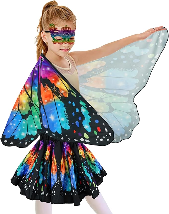 Butterfly Costume for Girls Fairy Wings Kids 4 Pcs(Cape,Skirts,Masks,Hair Clips) Butterfly Wings for Halloween Gifts