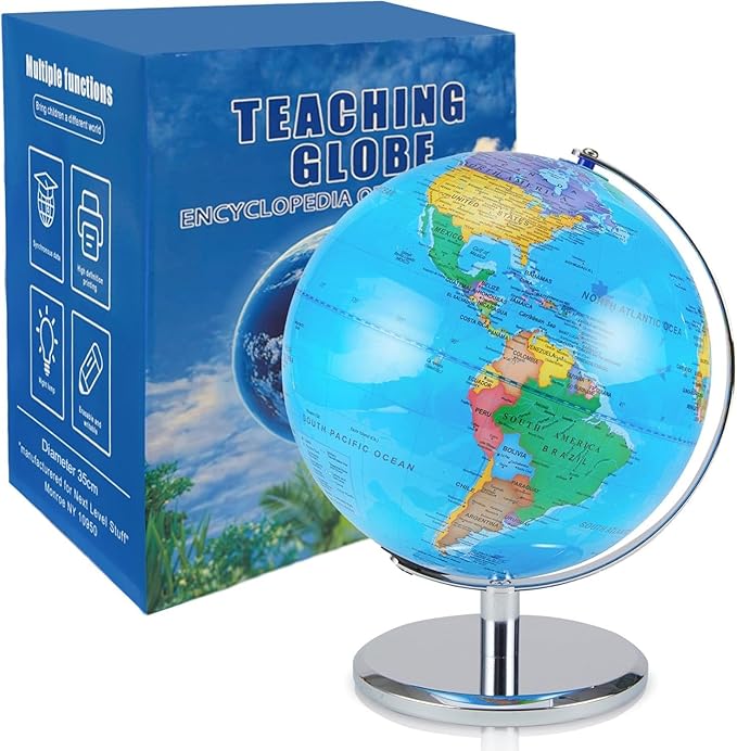 LED Illuminated World Globe with Chrome Rotating Stand – 3-in-1 Educational Tool for Kids & Adults, Interactive Learning Globe with Constellation Map, Lighted Display, 14 Inch