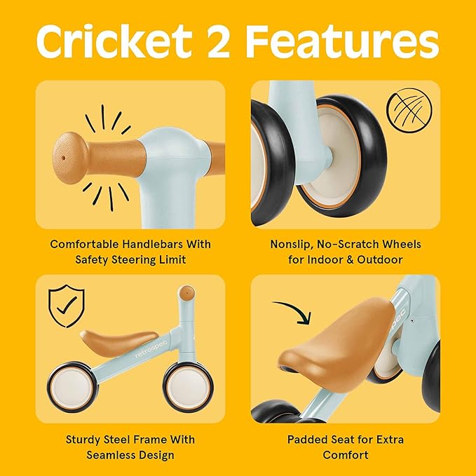 Retrospec Cricket 2 Baby Walker Balance Bike with 4 Wheels - Safe Learning Toy for Ages 12-24 Months - Scratch-Resistant Indoor Outdoor Toddler Riding Toy with Steering Limit & Soft Grips