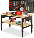 48“ Adjustable Height Workbench Work Bench for Garage Work Table with Under Table Shelf Heavy Duty Rubber Wood Top for Shop Woodworking, Office, Home, Commercial