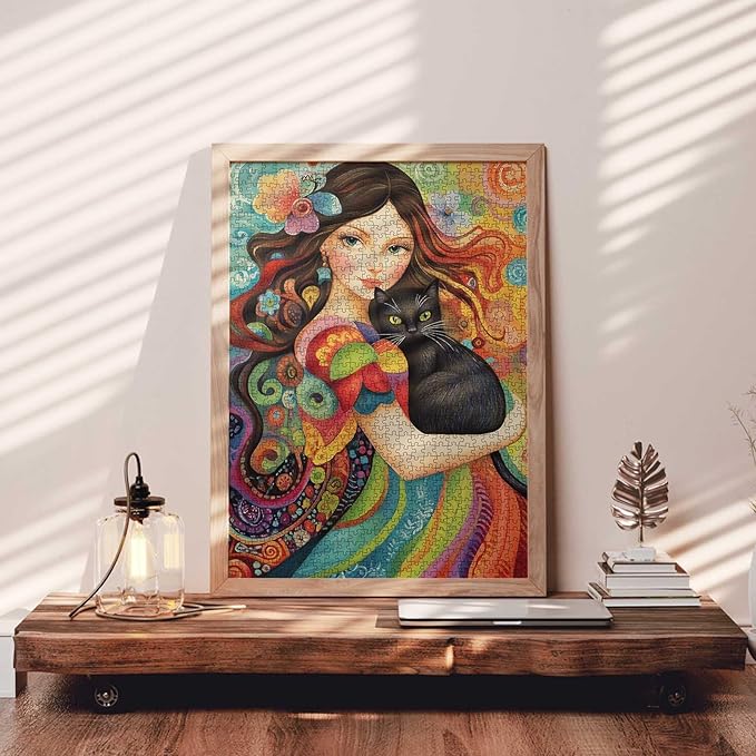 Abstract Women Jigsaw Puzzle,Black Cat Puzzles for Adults 1000 Pieces Puzzles for Families, HD Quality Lady Photo Puzzle Gift, Perfect for Party Game Gifts 27 x 20 Inches