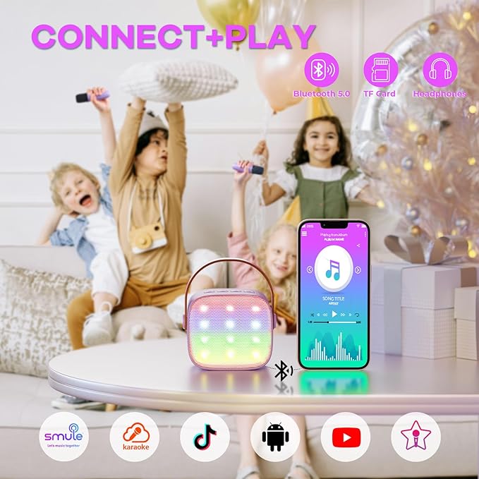 Mini Karaoke Machine with 2 Wireless Microphones, TOP Kids Gifts for Girls Ages 3, 4, 5, 6, 7, 8, 9, 10, 11, 12 +Years Old, 4-12th Birthday Toy Gift for Girls Boys Party (Purple)