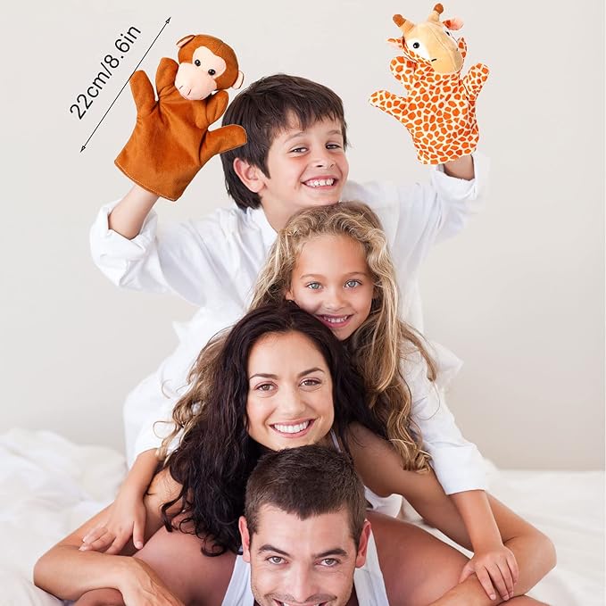 Hungdao 12 Pieces Hand Puppet Zoo Animal Plush Puppets Cute Animal Plush Pretend Educational Toys with Tiger Lion Bear Leopard Design for Telling Story Teaching Role Play