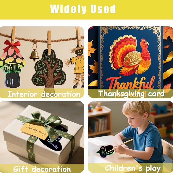 Naturahand 50 Rainbow Scratch Paper with 10 Wooden Scratch Sticks and 50 Red String, Turkey Shaped Scratch Off Cards for Thanksgiving Day DIY Decorations and Art Party Favors(H-3)