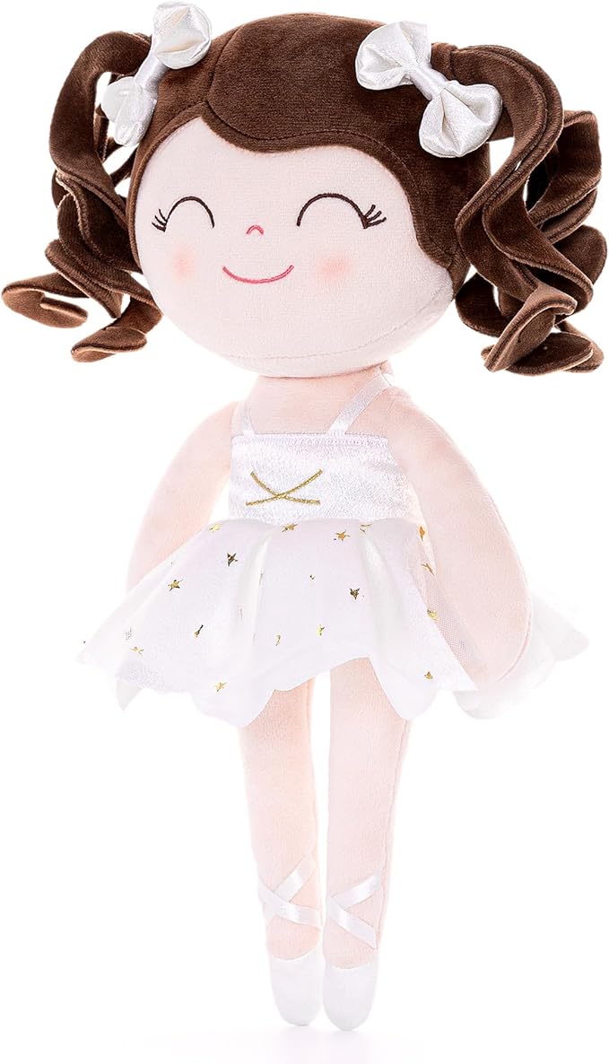 Gloveleya Baby Dolls Soft Snuggly Curly Hair Ballerina Doll First Baby Girl Gifts Plush Ballet Doll with Lace Mesh Dress White 14inches Ballerina Series
