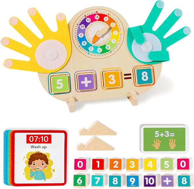 Educational 2 in 1 Math Manipulatives Number Counting Blocks & Teaching Clock for Kids, Preschool Learning Toys for Toddlers 3-5, Montessori Toys for 3-5 Year Old Boys Girls Birthday Gifts