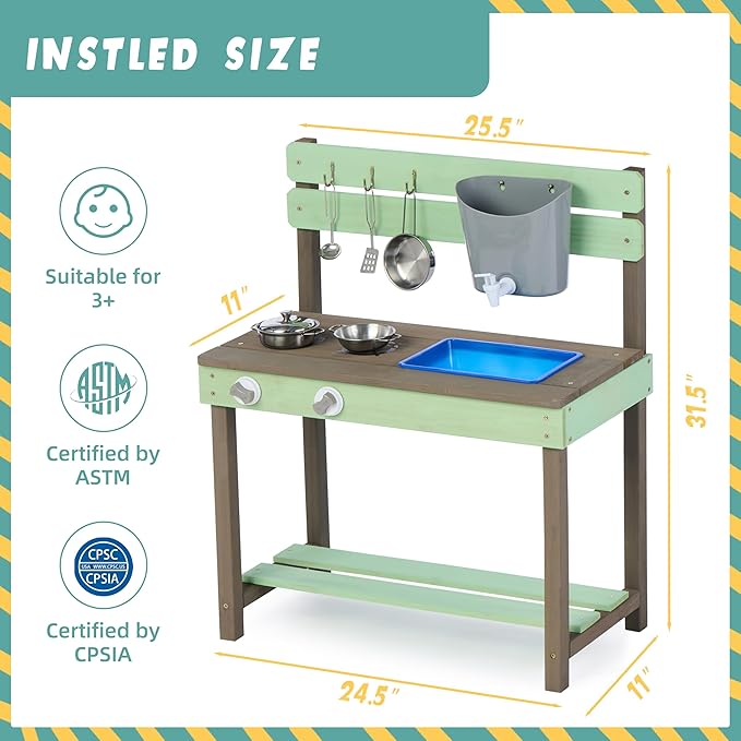 Kid's Wooden Play Kitchen, Outdoor Mud Kitchen with Water Play Set and Cooking Toys, Backyard Play for 3+ Years Kid