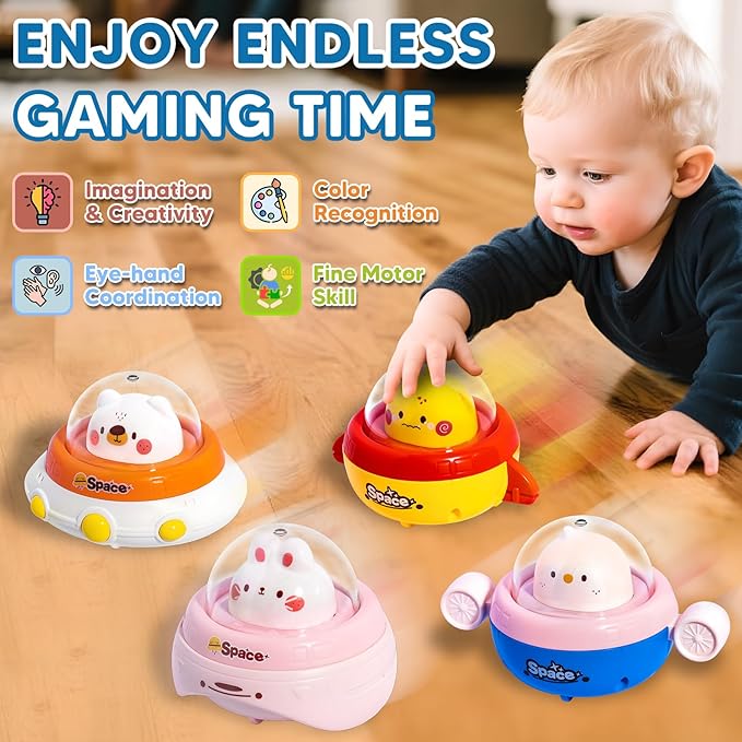 4PCS Animal Press to Go Car Toys for Toddlers 1-3, Push Go Friction Car Toys for 6-18 Months Baby, Animal Space Racing Cars, Infant Play Vehicle Set, Birthday Gifts for 1 Year Old Girl & Boy