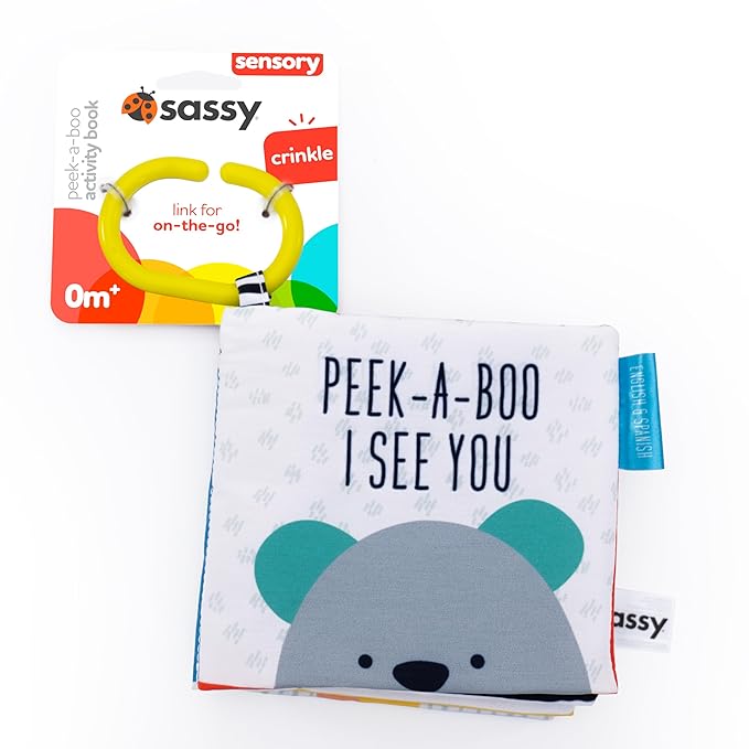 Sassy Peek-a-Boo Activity Book with Attachable Link for On-The-Go Travel, Sensory Play, Black & White, Ages 0+ Months (Pack of 12)