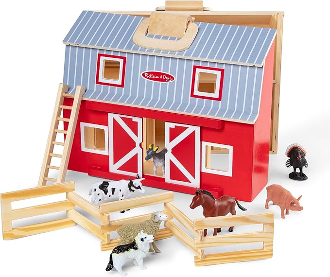 Melissa & Doug Fold and Go Wooden Barn with 7 Animal Play Figures - Farm Animals Barn Toy, Portable Toys, Farm Toys for Kids and Toddlers Ages 3+