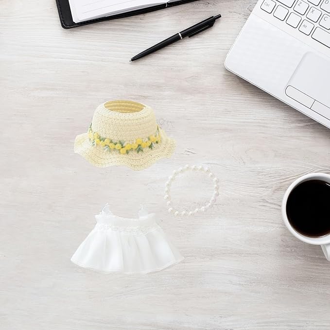Clothes for Dolls Accessories, Outfit Set 3 Pieces Gauze Dress for 15cm 17cm Doll (No Doll), Romantic Hat Skirt Doll Clothing Set Replacement White