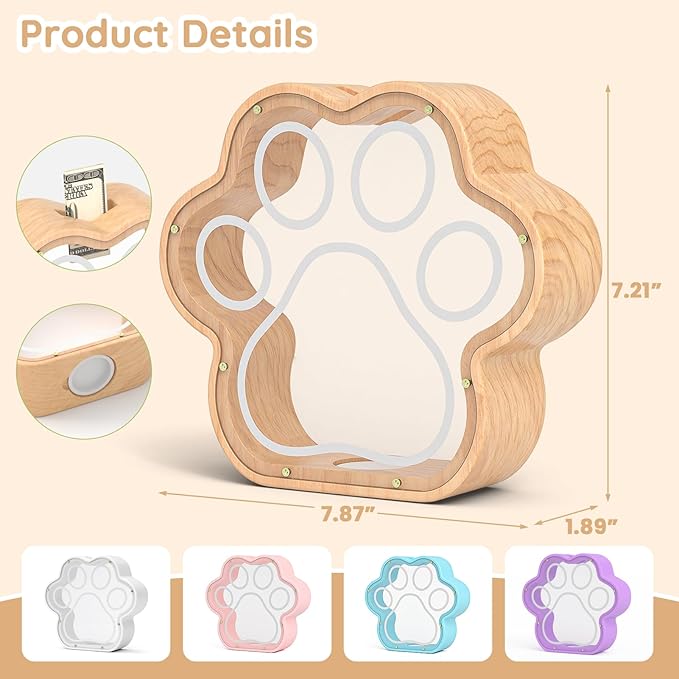 KMC Large Wooden Cat Caw Piggy Bank, Dog Paw Saving Money Box for Boy Clear Piggy Bank for Girl Large Initial Coin Bank Personalized Gift for Birthday and Festival(Natural)
