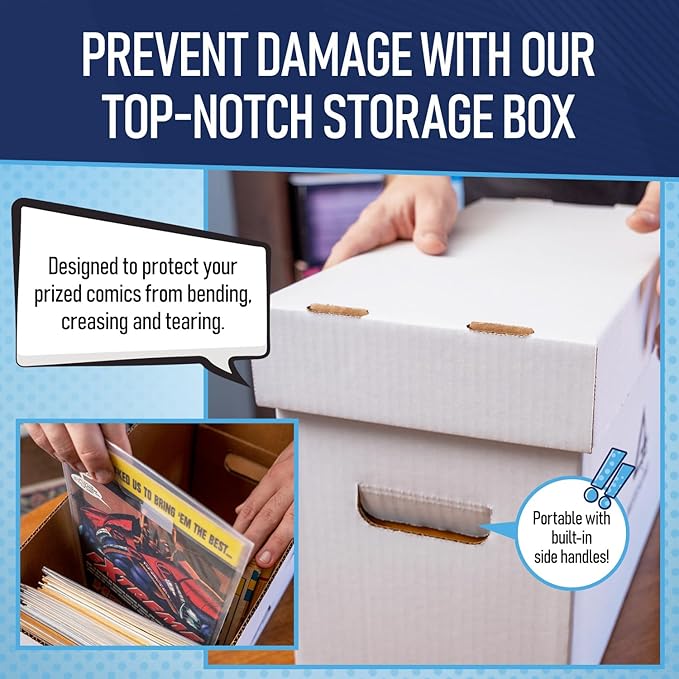 Bundle Set - Premium Short Comic Book Storage Box (3 Pack - White). Thick Cardboard Comic Book Box/Cabinet. Comics Books Bin for 150-175 Collectibles & White Comics Books Dividers (25 Pack)