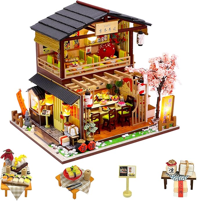 Miniature House Kit – Gibbon Sushi, DIY Wooden Dollhouse for Adults with LED & Furniture, Tiny House Craft Gift for Teens Families Friends