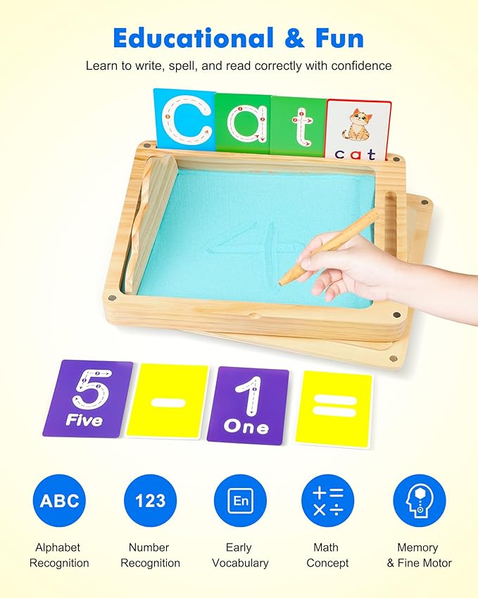 Sand Tray for Classroom - Montessori Sand Writing Trays with Lid, Wooden Tracing Tray for Kids Learn to Write Letters and Numbers, CVC Words