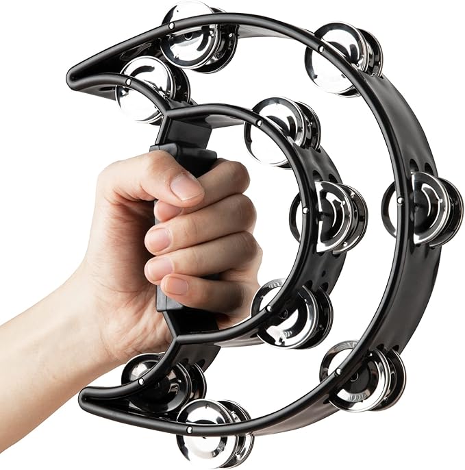 Tambourine Double Row Metal Jingles Bell Hand Held Percussion Half Moon Tambourines Musical Instrument for Adults Kids Party, KTV, Events, Church (Black)