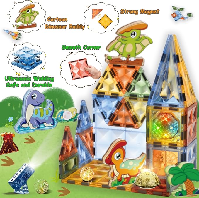 Magnetic Tiles 110PCS - 3D Lighted Magnet Building Blocks for Kids,Creative Dinosaur Toys Educational Sensory Stack STEM Construction Toys for Kids Ages 3 4 5 6 8 10+ Year Old Boys Girls