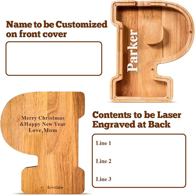 Summidate Customized Name Large Wooden Piggy Bank for Kids Boys Girls Alphabets Letter A-Z Coins Bills Money Change Bank Box Initial on Clear Cover (Laser Engraved) (Alphabet-P, Personalized-9")