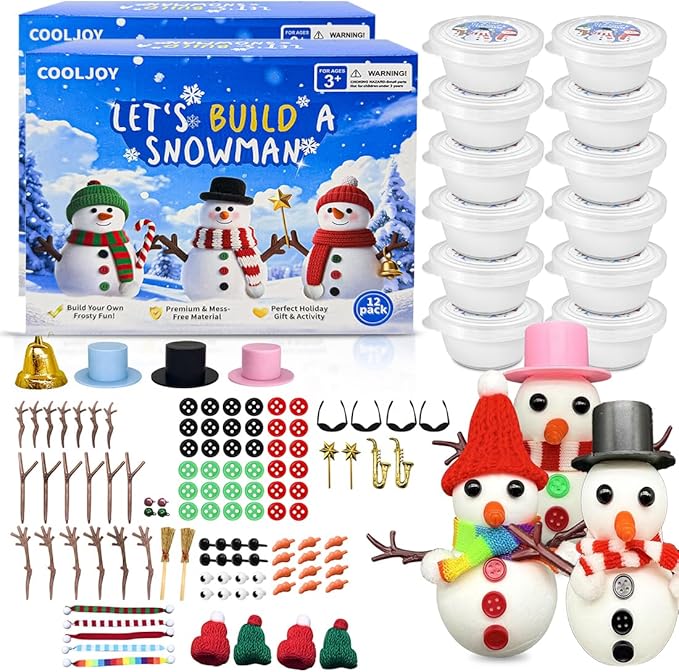 COOLJOY 24 Pack Build a Snowman Kit DIY Snowman Crafts,Air Dry Clay Modeling Crafts Kit,Christmas Stocking Stuffers for Kids,Christmas Gifts for Kids, Snowman Making Kit Toys