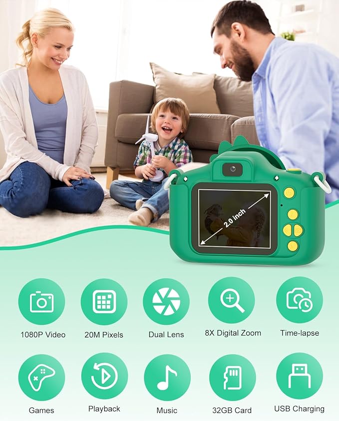 Kids Camera for 3-12 Years Old Toddlers Childrens Birthday Graduation Gifts Selfie Digital Toy Camera with 32GB SD Card for 4 5 6 7 8 9 10 11 Boys Girls