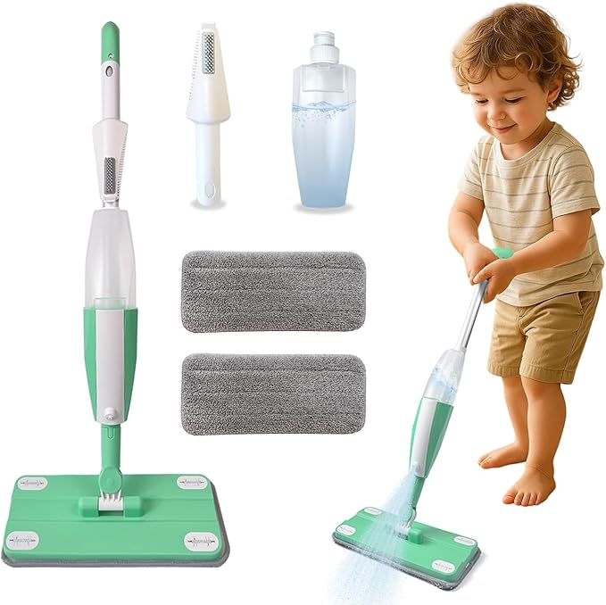 Kids Spray Mop - Toddler Cleaning Toy Set with Real Water Sprayer, 2 Washable Pads - Montessori Interactive Toy for Boys & Girls Ages 3 4 5 6