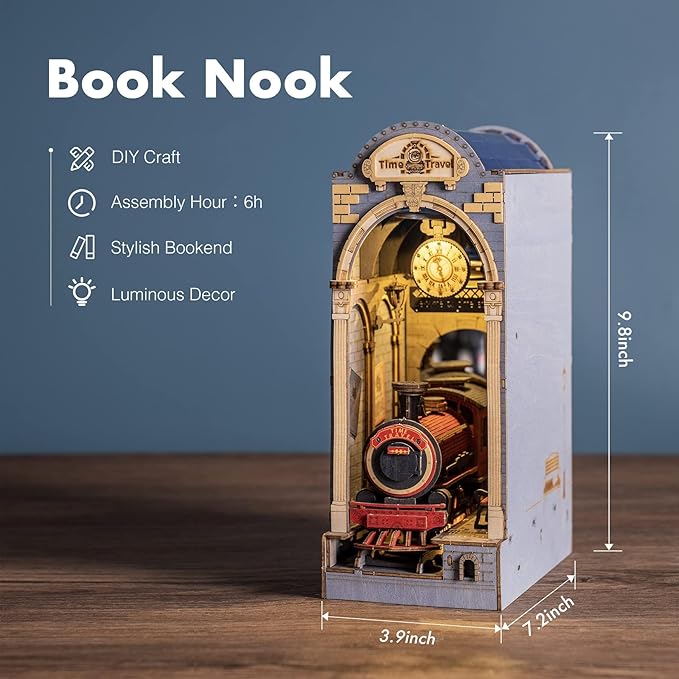 ROBOTIME Book Nook Kit DIY Miniature House Kit 3D Wooden Puzzle Booknook Decorative Bookend Bookshelf Halloween/Christmas Decorations/Gifts for Adults (Time Travel)