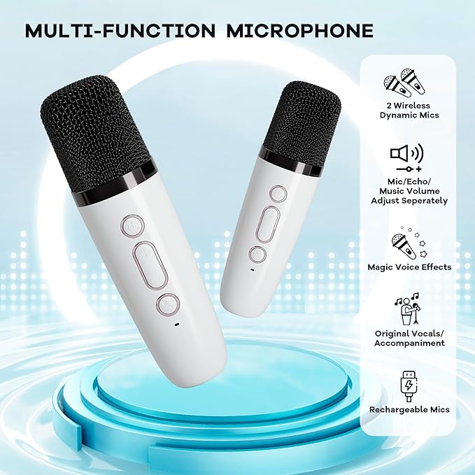 Mini Karaoke Machine for Kids Adults, Portable Bluetooth Speaker with 2 Wireless Microphones,Toys Birthday Gifts for Girls 3, 4, 5, 6, 7, 8, 9, 10, 11, 12+ Years Old Toddler Teens(White)