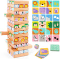 Nene Toys Wooden Block Stacking Game – 4-in-1 Tumble Tower Family Board Game with Building Blocks, Cards and Dice – African Safari Educational Wooden Toy for Kids 3-9 Years Old About Animals