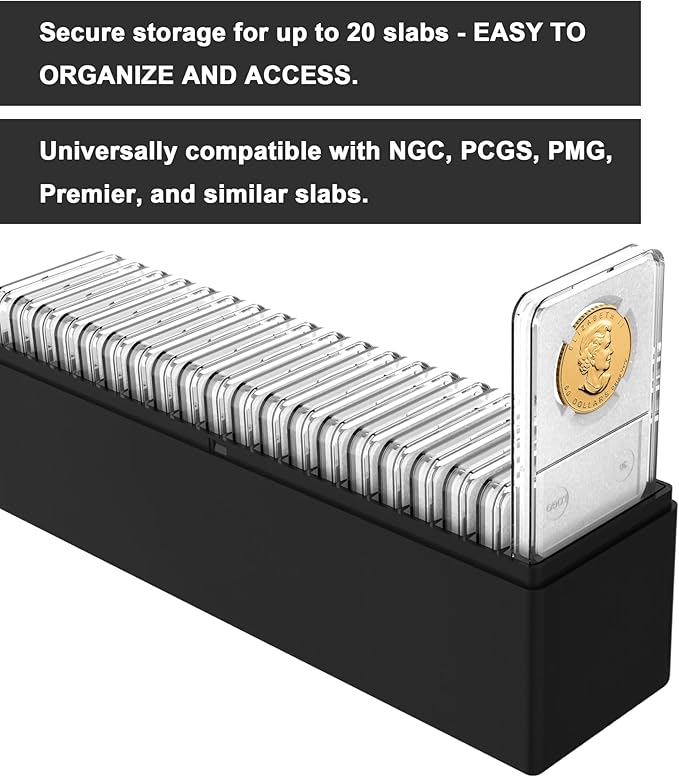 Plastic Coin Slab Storage Box – 20-Slot Coin Holder Organizer Case Fits for PCGS NGC PMG PCCB Slabs, Secure Coin Collection Box for Collectors, Home, Office, Bank Use (Box Only, Black)