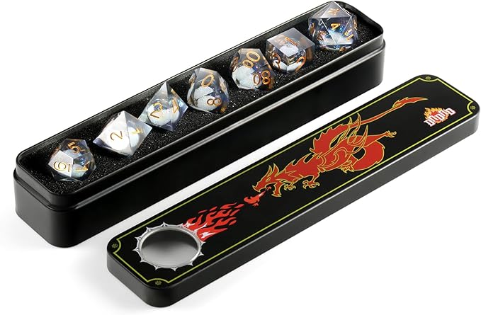 DNDND Liquid Sharp Edge DND Dice, A Full Set of Liquid D&D Die with Gift Case for Dungeons and Dragon Game (Grey Liquid)
