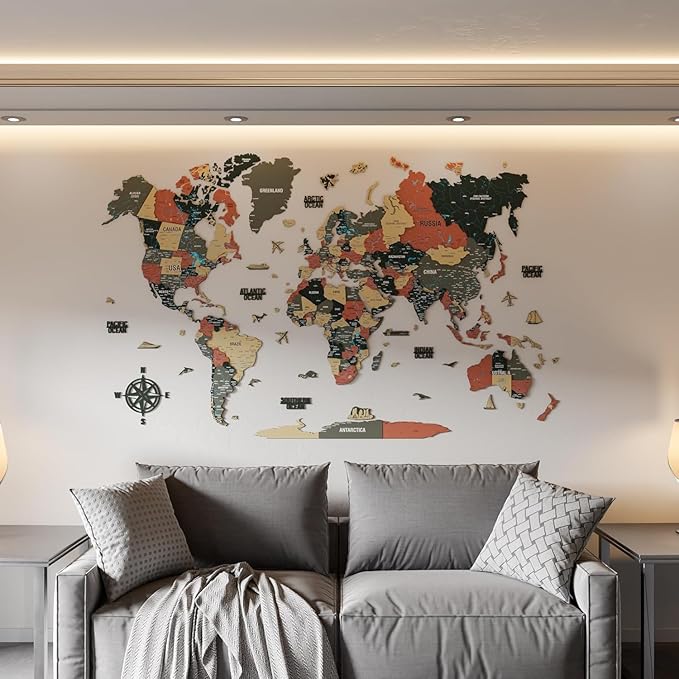 Colorfull Worlds 3D Wooden World Map Wall Art - Premium Multicolored World Travel Map for Wall Decor with Push Pins- Ideal Housewarming Gift & Travel Tracker (XXLarge, Sage)