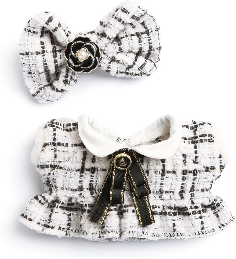 17cm Doll Clothes for Labubu - Luxury Chic Style Set for 17cm Dolls Outfit - Accessories for Dolls Clothes -White Plaid Tweed Dress + Black Necktie + White Bow (No Doll)