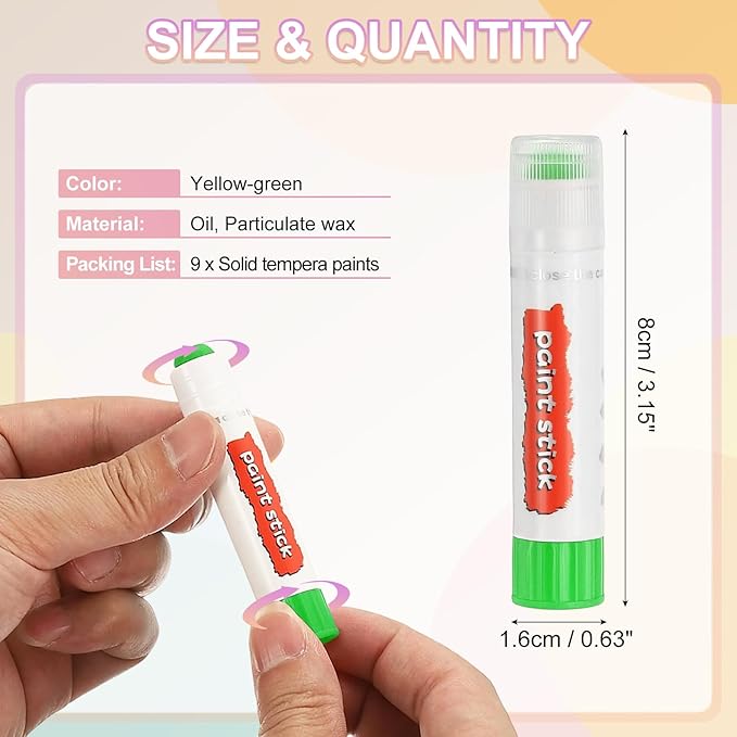PATIKIL Tempera Paint Sticks, 9 Pcs Solid Tempera Paints Sticks Washable Bulk Markers Pen Quick Drying for Artists Beginners Art Supplies, Yellow-green