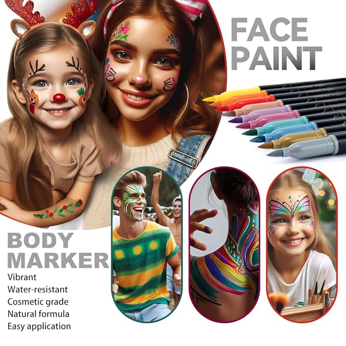 Transon 15 colors Face Painting Marker for Halloween and Makeup Parties Temporary tattoo Painting Body Painting with Brush Tip Including Stencil Stickers