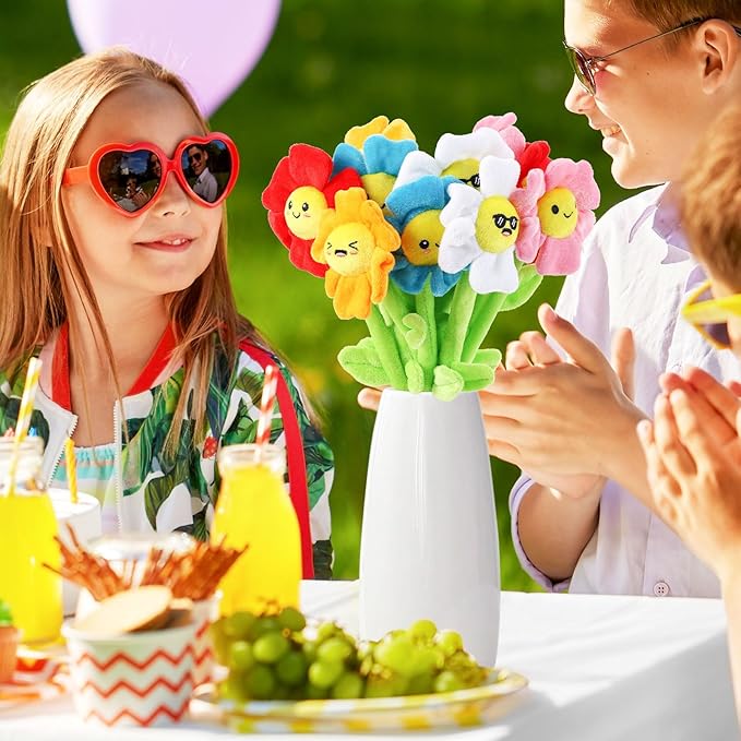 18 Pcs Plush Smile Flower Stuffed Bendable Stems Plush Bouquet Toy Soft Floral 12.6 Inch for Graduation 2025 Mother's Day Valentines Day Girl Girlfriend Wife Family and Friends(Elegant Style)