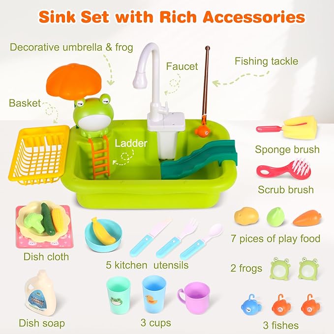 Play Sink with Running Water, Kitchen Sink Toy with Functional Faucet, Play Food and Kitchen Accessories, Floating Fishing Water Toy for Toddler, Pretend Play Dishwasher for Kids