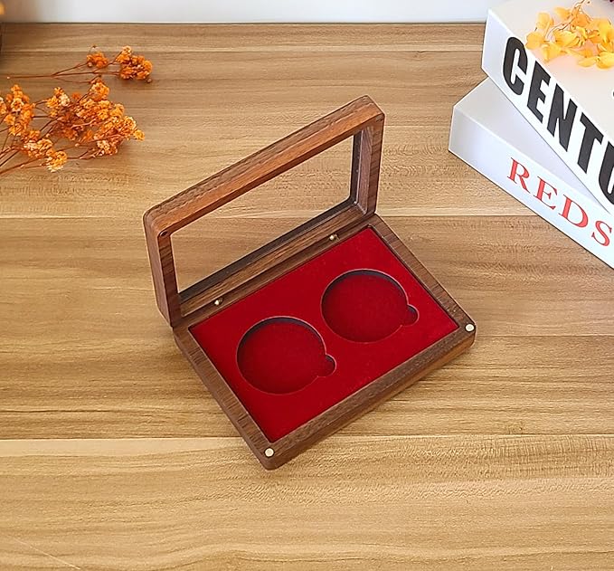 Challenge Coin Display Case Single Coin Display Box Two 1.81" Coin Holder Walnut Wood Coin Box Silver Dollar Coins Storage Box, Coins for Collectors with DIY Adjustable Gasket (Red 1.8")