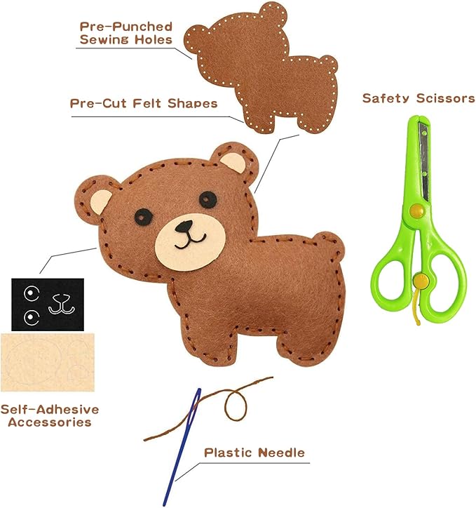 FYXGZZH Kids Beginner Sewing Kit – DIY Stuffed Craft Set with Pre-Cut Felt, Plastic Needle & Embroidery Thread, Educational Arts & Crafts for Boys & Girls Ages 6-12, Woodland Sewing Kit