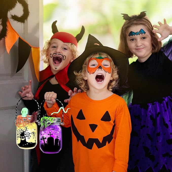 AuroTops Halloween Crafts for Kids,12 Pack Halloween Mason Jar Kit with Accessories for Kids DIY Kits,Party Favors Party Decorations for Classroom Goodie Bags Trick or Treat Toys