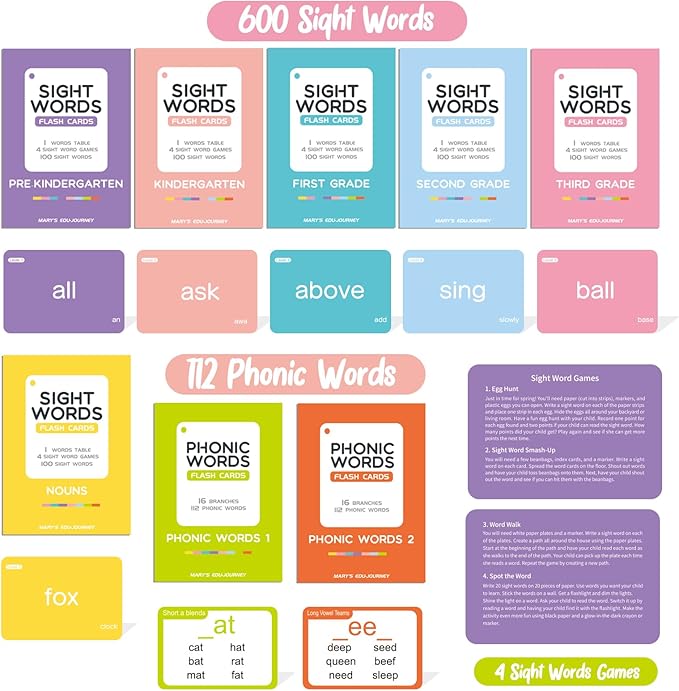 SpringFlower 712 Sight Words Flash Card,600 Dolch & Fry High Frequency Sight Word,112 Phonic Flash Cards for Kindergarten Homeschool Supplies Games for Kids Pre-K, Kindergarten, 1st, 2nd, 3rd Grade