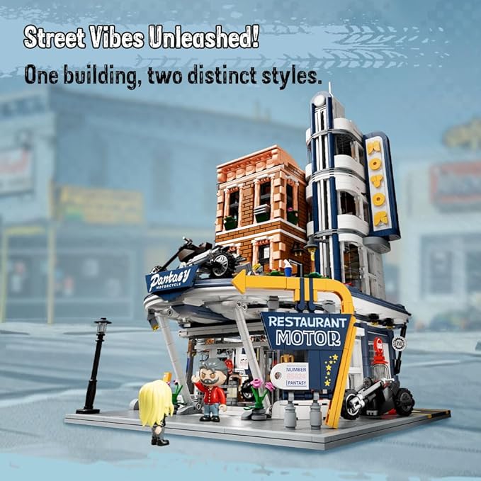 PANTASY Retro Motorcycle Diner & Bar Building Set - Modular Street Corner Architecture Kit with Interactive Doors, Openable Walls, 4 Motorcycles & 5 Exclusive Minifigures for Display & Play