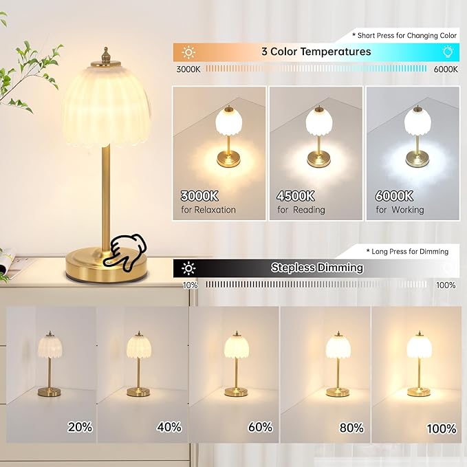 Cordless Small Table Lamp with 5000mAh Battery & Touch Control - 3 Adjustable Color Temperatures, Dimmable Rechargeable Table Lamps for Living Room, Bedroom, Desk, Nightstand (White Tulip)