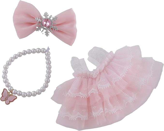 17cm Doll Clothes Set 3-Piece Doll Clothing Set with Pink Dress Necklace and Butterfly Decor Accessories for 17cm Plush Dolls, Clothes Only, No Doll Included
