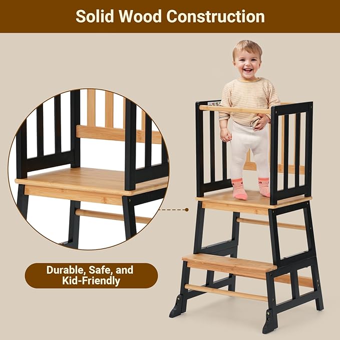 COSYLAND Kids Kitchen Step Stool Helper - Wooden Standing Tower for Kids with Anti-Tip Support Legs - Mothers' Helper Kids Learning Stool for Kitchen Counter (Black & Natural)