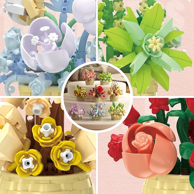 8 Pieces Flower Block Set, Plant and Succulent Toys，Birthday Gift for Women and Girls As a Decoration or Adult Block Toy