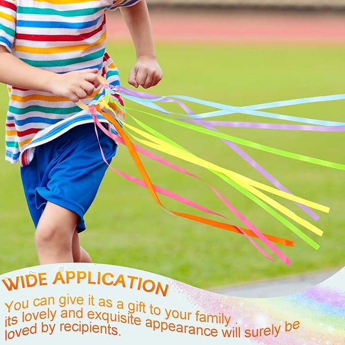 Junkin Ribbon Rings Hand Kite Waldorf Toys Dancing Wrist Ribbons Rainbow Streamers with Wood Ring Educational Toy for Playroom Dancing Birthday Party Gift(Fresh,24 Pcs)