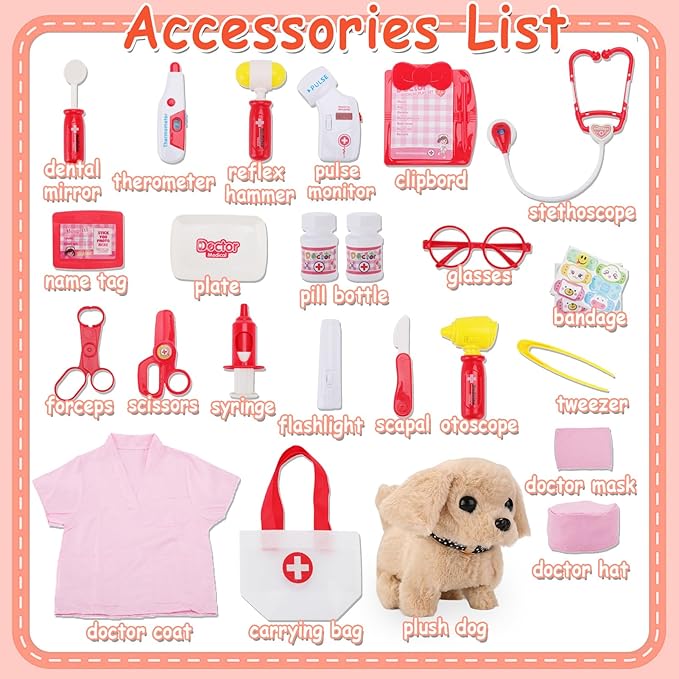 TEUVO Toy Doctor Kit for Girls - Pretend Play Doctor Sets with Dog Toy, Carrying Bag, Stethoscope Toy & Dress Up Costume - Doctor Play Gifts for Kids Toddlers Ages 1 2 3 4 5 6 7 Year Old for Role Play
