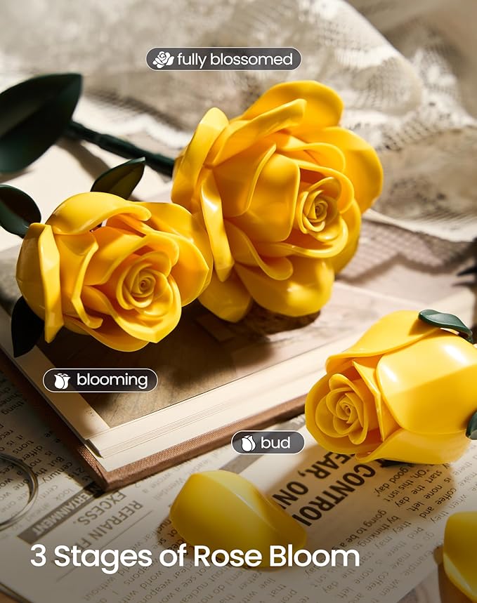 iATOM Yellow Rose Bouquet Building Set, Artificial Flowers Botanical Collection Kit for Adults, Warmming Home Office Table Centerpiece Decor - IA11019