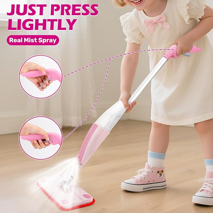 Dreamon Kids Spray Mop - Real Working Toddler Cleaning Set with Water Sprayer & 3 Washable Mop Pads & Scraper, Pretend Play Montessori Housekeeping Toys Gifts for Toddlers Kids Girls Boys(Pink)